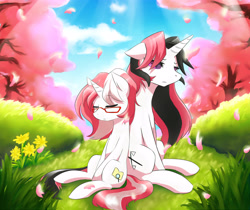 Size: 4093x3445 | Tagged: safe, artist:oloxbangxolo, imported from derpibooru, oc, oc only, oc:eawy, oc:lawyresearch, pony, unicorn, eyes closed, flower, glasses, grass, horn, sitting, tree, unicorn oc