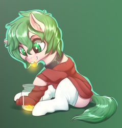 Size: 1719x1800 | Tagged: safe, artist:dankflank, imported from derpibooru, oc, oc only, oc:dankflank, earth pony, pony, bits, clothes, collar, femboy, jar, male, money, mouth hold, simple background, sitting, socks, solo, sweater, thigh highs