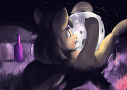 Size: 4960x3508 | Tagged: safe, artist:toisanemoif, imported from derpibooru, oc, oc only, pony, biting, bottle, crying, moon, tears of pain