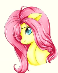 Size: 1280x1600 | Tagged: safe, artist:louloustudio, imported from derpibooru, fluttershy, pony, bust, cute, female, hair over one eye, mare, portrait, shyabetes, simple background, solo