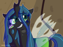 Size: 1280x960 | Tagged: safe, artist:animationtrash, artist:rubyg242, imported from derpibooru, queen chrysalis, changeling, changeling queen, frenemies (episode), cute, cutealis, eye clipping through hair, female, hoof on cheek, lidded eyes, scene interpretation, smiling, solo
