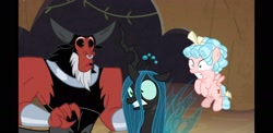 Size: 2220x1080 | Tagged: safe, imported from derpibooru, screencap, cozy glow, lord tirek, queen chrysalis, centaur, changeling, changeling queen, pegasus, pony, frenemies (episode), fangs, female, filly, scared, shrunken pupils, surprised, teeth, wide eyes