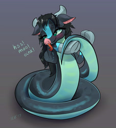 Size: 5000x5507 | Tagged: safe, artist:xbi, imported from derpibooru, queen chrysalis, lamia, ophiotaurus, frenemies (episode), blushing, cloven hooves, disguise, disguised changeling, ear fluff, fangs, female, forked tongue, hissing, holding tail, hss, moo, oink, onomatopoeia, snout, solo, tail hold, tongue out