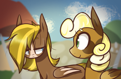 Size: 1103x721 | Tagged: safe, artist:kaywhitt, imported from derpibooru, oc, oc only, oc:banana muffin, oc:maple muffin, pegasus, pony, looking at each other, market, marketplace