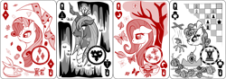Size: 2540x889 | Tagged: safe, artist:virenth, imported from derpibooru, cozy glow, fluttershy, queen chrysalis, rarity, butterfly, changeling, changeling queen, chess, crown, egg, female, flower, gemstones, jewelry, leaf, marionette, nest, playing card, queen of clubs, queen of diamonds, queen of hearts, queen of spades, regalia, rook, rose, scissors