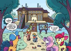 Size: 1892x1350 | Tagged: safe, artist:brendahickey, idw, imported from derpibooru, apple bloom, filthy rich, scootaloo, sweetie belle, earth pony, pegasus, pony, unicorn, spoiler:comic, spoiler:comicspiritoftheforest01, apple core, bottle, building, construction pony, cutie mark crusaders, female, filly, foal, forest, g4, hard hat, lumber mill, male, official comic, speech bubble, stallion, trash, whitetail woods