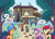 Size: 1892x1350 | Tagged: safe, artist:brendahickey, idw, imported from derpibooru, apple bloom, filthy rich, scootaloo, sweetie belle, earth pony, pegasus, pony, unicorn, spoiler:comic, spoiler:comicspiritoftheforest01, apple core, bottle, building, construction pony, cutie mark crusaders, female, filly, foal, forest, g4, hard hat, lumber mill, male, official comic, speech bubble, stallion, trash, whitetail woods