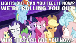 Size: 640x361 | Tagged: safe, edit, edited screencap, editor:undeadponysoldier, imported from derpibooru, screencap, applejack, cozy glow, fluttershy, pinkie pie, rainbow dash, rarity, spike, twilight sparkle, alicorn, dragon, earth pony, pegasus, pony, unicorn, school raze, angry, badass, caption, cozybuse, death stare, discovery family logo, edgy, female, filly, hollywood undead, image macro, lights out (song), lyrics, male, mane seven, mane six, mare, roasted, school of friendship, song reference, text, twilight sparkle (alicorn), vulgar, winged spike, wings