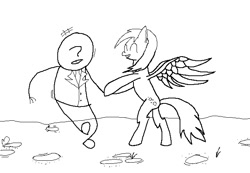 Size: 650x450 | Tagged: safe, imported from derpibooru, derpy hooves, oc, oc:anon, pony, msponyadventures, /mlp/, 4chan, black and white, eyes closed, grayscale, hoofshake, monochrome, open mouth, simple background, smiling, standing