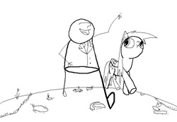 Size: 650x450 | Tagged: dead source, safe, imported from derpibooru, derpy hooves, oc, oc:anon, pony, msponyadventures, /mlp/, 4chan, black and white, grayscale, monochrome, open mouth, pointing, simple background, smiling, walking