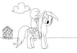Size: 650x450 | Tagged: safe, imported from derpibooru, derpy hooves, oc, oc:anon, pony, msponyadventures, /mlp/, 4chan, black and white, grayscale, monochrome, ponyville, riding