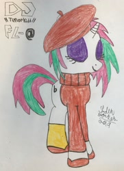 Size: 1483x2048 | Tagged: safe, artist:theanimefanz, imported from derpibooru, oc, oc only, oc:dj fl-@, oc:tenor kidd, pony, unicorn, beret, eyes closed, hat, traditional art