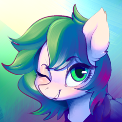 Size: 512x512 | Tagged: safe, artist:lunarmarshmallow, imported from derpibooru, oc, oc only, oc:dankflank, earth pony, pony, abstract background, bust, earth pony oc, one eye closed, smiling, solo, wink