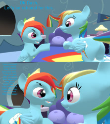 Size: 1280x1439 | Tagged: safe, imported from derpibooru, rainbow dash, pegasus, pony, 3d, bed, bedroom, butt, comic, dashblitz, explaining, female, holding, implied pregnancy, kneeling, looking at each other, male, plot, rainbow blitz, rainbutt blitz, rainbutt dash, reference, rule 63, self ponidox, selfcest, shipping, shrek, shrek the third, smiling, source filmmaker, straight, talking about babies