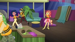Size: 1920x1080 | Tagged: safe, imported from derpibooru, screencap, desert sage, sandalwood, sunset shimmer, waldo whereabout, equestria girls, equestria girls series, spring breakdown, spoiler:eqg series (season 2), background human, clothes, female, male, pants, ponied up, shorts, super ponied up
