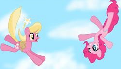 Size: 1024x586 | Tagged: safe, artist:brokenhero0409, imported from derpibooru, lily, lily valley, pinkie pie, earth pony, pony, #fallingwithstyle, cloud, falling, falling with style, flower, freefall, lily (flower), shocked, sky, skydiving, smiling, upside down