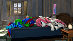 Size: 1920x1080 | Tagged: safe, artist:christian69229, imported from derpibooru, oc, oc only, oc:christian clefnote, oc:nekonin, alicorn, pony, 3d, alicorn oc, apple, bed, clock, clothes, commission, cookie, cookie jar, food, jar, laying on bed, looking at each other, lying on bed, male, poster, socks, source filmmaker, stallion, striped socks, trash can