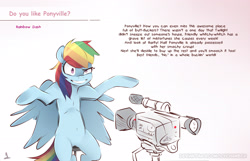 Size: 3036x1954 | Tagged: safe, artist:icychamber, imported from derpibooru, rainbow dash, pegasus, pony, camera, female, simple background, solo, text, video camera, white background