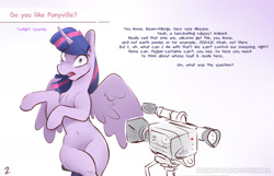 Size: 1280x824 | Tagged: safe, artist:icychamber, imported from derpibooru, twilight sparkle, twilight sparkle (alicorn), alicorn, pony, belly button, camera, female, simple background, sitting, solo, text, video camera, white background