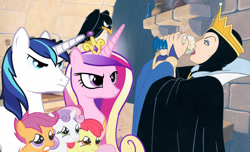 Size: 2048x1246 | Tagged: safe, artist:conthauberger, imported from derpibooru, apple bloom, princess cadance, scootaloo, shining armor, sweetie belle, bird, human, raven (bird), cutie mark crusaders, disney, snow white and the seven dwarfs, the evil queen