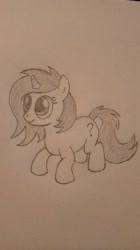 Size: 584x1040 | Tagged: safe, artist:eatcarbs, imported from derpibooru, oc, oc only, oc:anonfilly, pony, unicorn, female, filly, question mark, sketch, smiling, traditional art