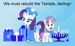 Size: 1755x1097 | Tagged: safe, artist:pixelkitties, edit, imported from derpibooru, rarity, sweetie belle, pony, unicorn, beret, clothes, darling, dreidel, female, hanukkah, hat, jew rarity, jewnicorn, judaism, menorah, present, scarf, siblings, sisters, sweater, text