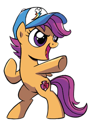 Size: 560x720 | Tagged: safe, artist:brendahickey, edit, idw, imported from derpibooru, scootaloo, pegasus, pony, spoiler:comic, spoiler:comicspiritoftheforest01, background removed, cap, cropped, cute, cutealoo, female, filly, foal, hat, rearing, simple background, solo, transparent background