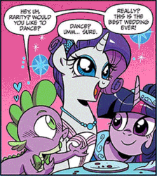 Size: 305x341 | Tagged: safe, artist:brendahickey, idw, imported from derpibooru, rarity, spike, twilight sparkle, alicorn, pony, spoiler:comic, absurdly slow animation, animated, bowtie, female, i ship it, male, marriage, out of context, shipper on deck, shipping fuel, straight, twilight sparkle (alicorn), wedding, zoom