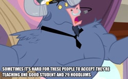 Size: 801x500 | Tagged: safe, edit, edited screencap, imported from derpibooru, screencap, iron will, minotaur, once upon a zeppelin, caption, class, image macro, male, school, solo, teacher, text