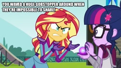 Size: 800x450 | Tagged: safe, edit, edited screencap, imported from derpibooru, screencap, sci-twi, sunset shimmer, twilight sparkle, equestria girls, friendship games, angry, caption, exploitable meme, image macro, magic capture device, meme, sunset yells at twilight, text