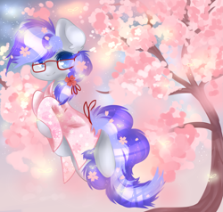 Size: 2869x2729 | Tagged: safe, artist:fluffire, imported from derpibooru, oc, oc only, oc:cinnabyte, earth pony, pony, cherry blossoms, cherry blossoms trees, clothes, earth pony oc, female, flower, flower blossom, flower in hair, glasses, japan, kimono (clothing), mare