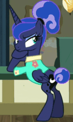 Size: 352x586 | Tagged: safe, imported from derpibooru, screencap, princess luna, alicorn, pony, between dark and dawn, alternate hairstyle, animated, barehoof, cheek squish, clothes, cropped, eyebrow wiggle, eyeshadow, female, folded wings, gif, hair bun, hawaiian shirt, looking at something, makeup, mare, out of context, post office, raised eyebrow, squishy cheeks, tail bun, that pony sure does love the post office, wings