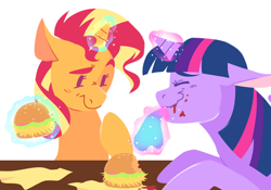 Size: 1280x894 | Tagged: safe, artist:jellynut, imported from derpibooru, sunset shimmer, twilight sparkle, pony, unicorn, burger, duo, eating, floppy ears, food, glowing horn, hay burger, horn, magic, messy eating, telekinesis, twilight burgkle