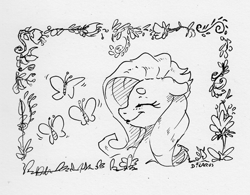 Size: 1402x1096 | Tagged: safe, artist:dilarus, deleted from derpibooru, imported from derpibooru, fluttershy, butterfly, pegasus, pony, eyes closed, female, frame, mare, monochrome, profile, simple background, smiling, traditional art, white background