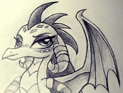 Size: 1917x1440 | Tagged: safe, artist:heavymetalbronyyeah, imported from derpibooru, princess ember, dragon, dragoness, female, grayscale, monochrome, pencil drawing, simple background, solo, traditional art, white background