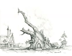 Size: 1400x1085 | Tagged: safe, artist:baron engel, imported from derpibooru, twilight's kingdom, destruction, golden oaks library, grayscale, monochrome, no pony, pencil drawing, scene interpretation, scenery, simple background, smoke, traditional art, tree stump, white background