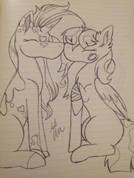 Size: 800x1059 | Tagged: safe, anonymous artist, imported from derpibooru, oc, oc only, oc:earth, oc:spotty lionmane, pegasus, pony, unicorn, bandage, bandaid, eyelashes, facing each other, female, horn, implied kissing, leonine tail, lesbian, lineart, mare, no mouth, one hoof raised, raised hoof, shipping, signature, sitting, spotearth, spots, traditional art