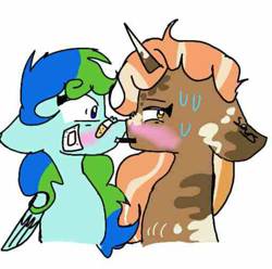 Size: 759x752 | Tagged: safe, anonymous artist, imported from derpibooru, oc, oc only, oc:earth, oc:spotty lionmane, pegasus, pony, unicorn, bandaid, bandaid on nose, blushing, female, food, half body, horn, leonine tail, lesbian, looking away, mare, pocky, sharing, sharing food, shipping, shocked expression, spotearth, spots, sweat, two toned mane