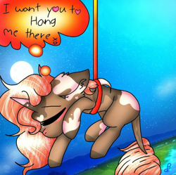 Size: 800x797 | Tagged: safe, anonymous artist, imported from derpibooru, oc, oc only, oc:spotty lionmane, pony, unicorn, blushing, eyelashes, eyes closed, female, hanging, horn, leonine tail, mare, moon, no mouth, one hoof raised, raised hoof, signature, speech bubble, spots, two toned mane