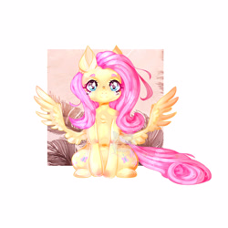 Size: 3333x3333 | Tagged: safe, artist:pinkk-king, imported from derpibooru, fluttershy, pegasus, pony, blush sticker, blushing, chest fluff, female, front view, full face view, looking at you, mare, sitting, smiling, solo, spread wings, wings