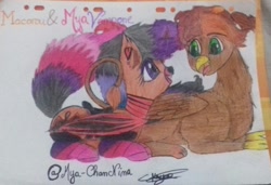 Size: 1619x1108 | Tagged: safe, artist:mya-chan nina, imported from derpibooru, oc, oc only, oc:hoxton, oc:mya-chan the vampony, alicorn, griffon, pony, vampony, alicorn oc, bat wings, beak, claws, clothes, colored, dyed mane, eyebrows, eyelashes, griffon oc, horn, looking at each other, lying down, paws, peytral, saddle, scrunchie, sharp teeth, simple background, smiling, socks, striped socks, tack, talking, teeth, title, traditional art, wings