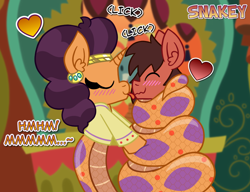 Size: 1000x768 | Tagged: safe, artist:snakeythingy, imported from derpibooru, saffron masala, oc, oc:sketchy dupe, lamia, original species, snake pony, blushing, canon x oc, coiling, coils, lamiafied, licking, licking lips, male, malesub, sketchffron, species swap, story included, submissive, tongue out