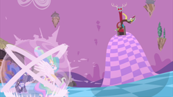 Size: 2100x1181 | Tagged: safe, imported from derpibooru, screencap, discord, princess celestia, princess luna, alicorn, draconequus, pony, princess twilight sparkle (episode), chaos, discord's throne, discorded landscape, ethereal mane, female, flashback, floating island, hut, laughing, magic, male, mare, open mouth, purple sky, royal sisters, throne, tree