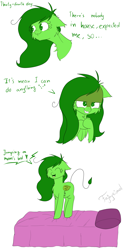 Size: 3000x6000 | Tagged: safe, artist:fajnyziomal, imported from derpibooru, oc, oc only, oc:świstek, pegasus, plant pony, pony, comic:świstek, bed, bust, cheek fluff, chest fluff, comic, curly eyelashes, ear fluff, engrish, evil grin, eyes closed, female, floppy ears, grin, happy, hooves, jumping, jumping on the bed, mare, neck fluff, open mouth, pure unfiltered evil, rubbing hooves, shoulder fluff, smiling, solo, wings