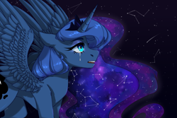 Size: 1500x1000 | Tagged: safe, artist:lissfoxz, imported from derpibooru, princess luna, alicorn, pony, constellation, crown, crying, ear fluff, ethereal mane, female, jewelry, leg fluff, mare, open mouth, profile, regalia, shooting star, solo, spread wings, starry mane, stars, wing fluff, wings