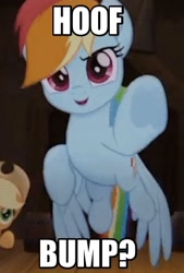 Size: 270x400 | Tagged: safe, edit, edited screencap, imported from derpibooru, screencap, applejack, rainbow dash, earth pony, pegasus, pony, my little pony: the movie, spoiler:my little pony the movie, cropped, hoofbump, solo focus