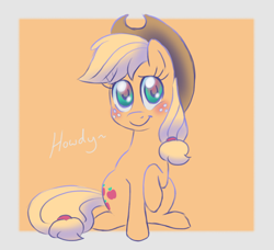 Size: 894x815 | Tagged: safe, artist:donkeyinthemiddle, imported from derpibooru, applejack, earth pony, pony, blushing, cowboy hat, cute, female, hat, howdy, jackabetes, looking at you, mare, no pupils, orange background, simple background, sitting, solo