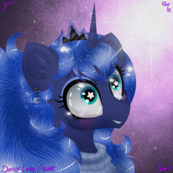 Size: 3000x3000 | Tagged: safe, artist:darkest-lunar-flower, imported from derpibooru, princess luna, alicorn, pony, blushing, clothes, crying, description at source, ear piercing, female, jewelry, mare, piercing, regalia, smiling, solo, starry eyes, sweater, tears of joy, wingding eyes