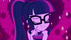 Size: 1280x720 | Tagged: safe, imported from derpibooru, sci-twi, twilight sparkle, equestria girls, equestria girls series, i'm on a yacht, spoiler:eqg series (season 2), female, neon eg logo, sexy egghead, sleeveless, solo