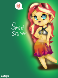 Size: 1800x2400 | Tagged: safe, artist:artmlpk, imported from derpibooru, sunset shimmer, equestria girls, equestria girls series, forgotten friendship, anime style, beach, belly button, bikini, chibi, clothes, cute, heart eyes, midriff, open mouth, pictogram, shimmerbetes, speech bubble, summer sunset, swimsuit, wingding eyes